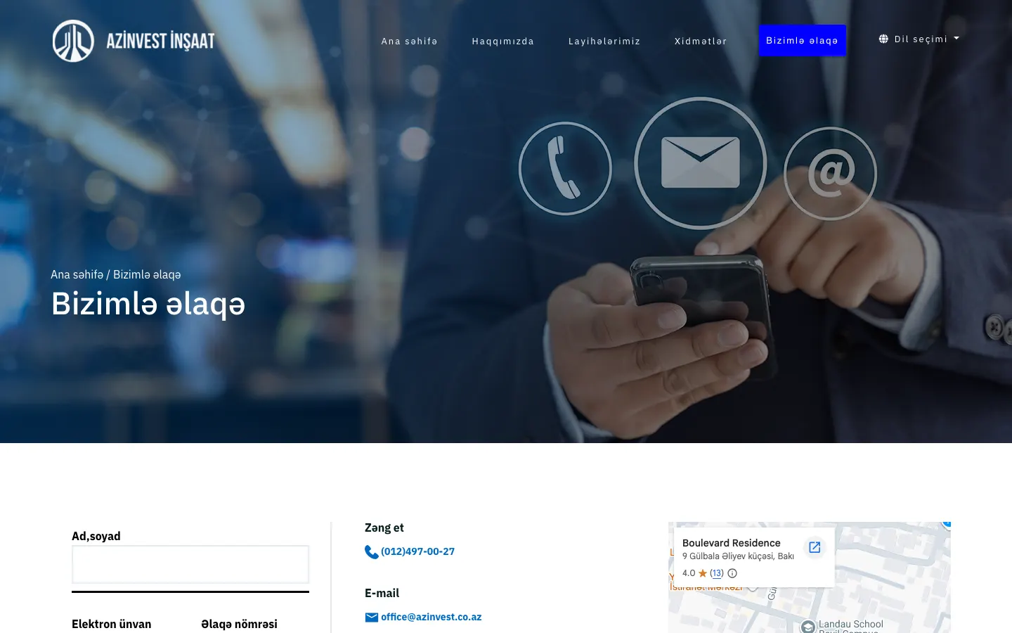 Azinvest İnşaat üçün korporativ tikinti portfolio saytı