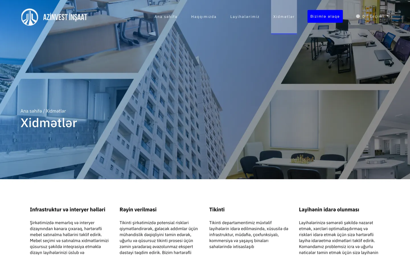 Azinvest İnşaat üçün korporativ tikinti portfolio saytı