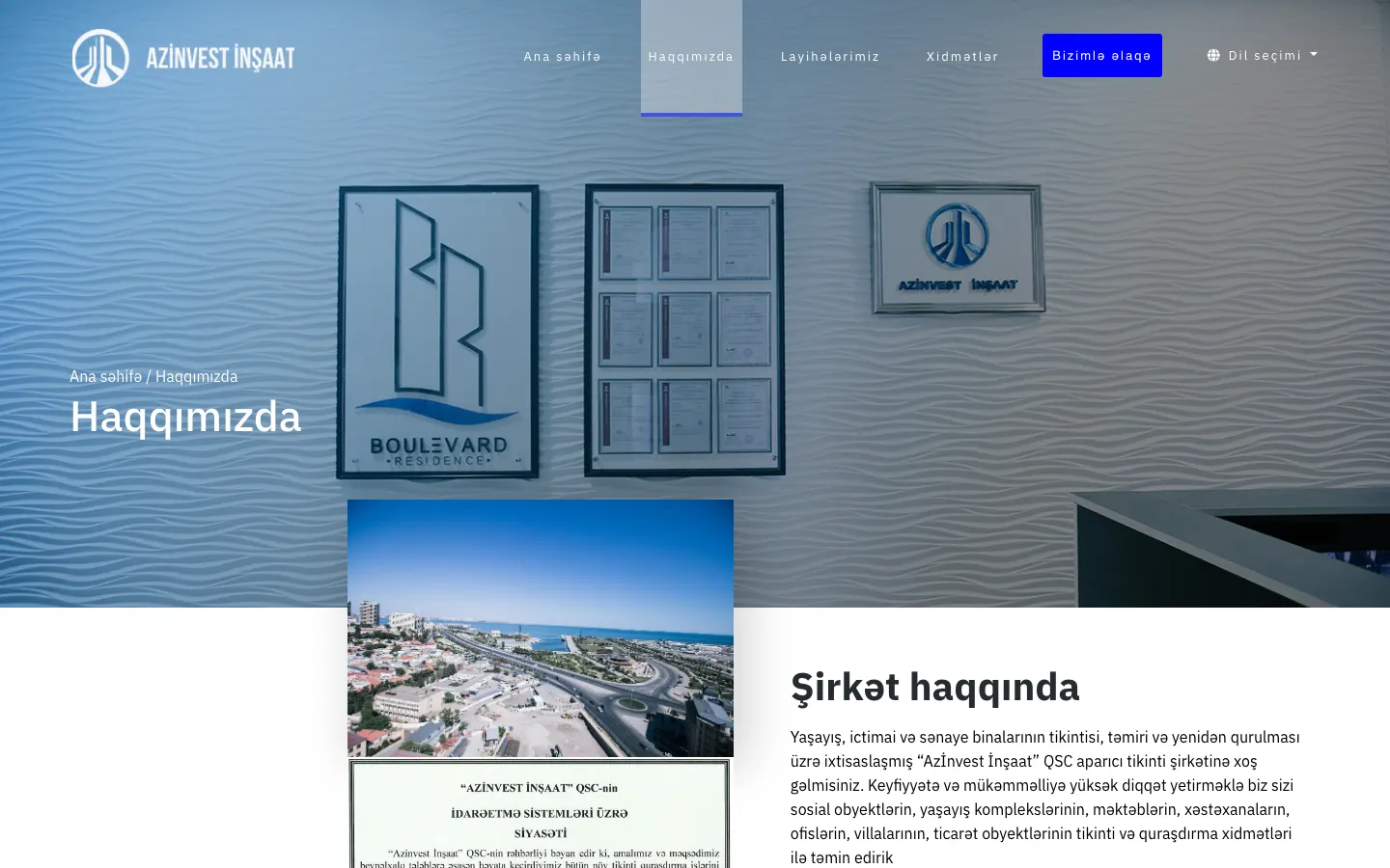 Azinvest İnşaat üçün korporativ tikinti portfolio saytı